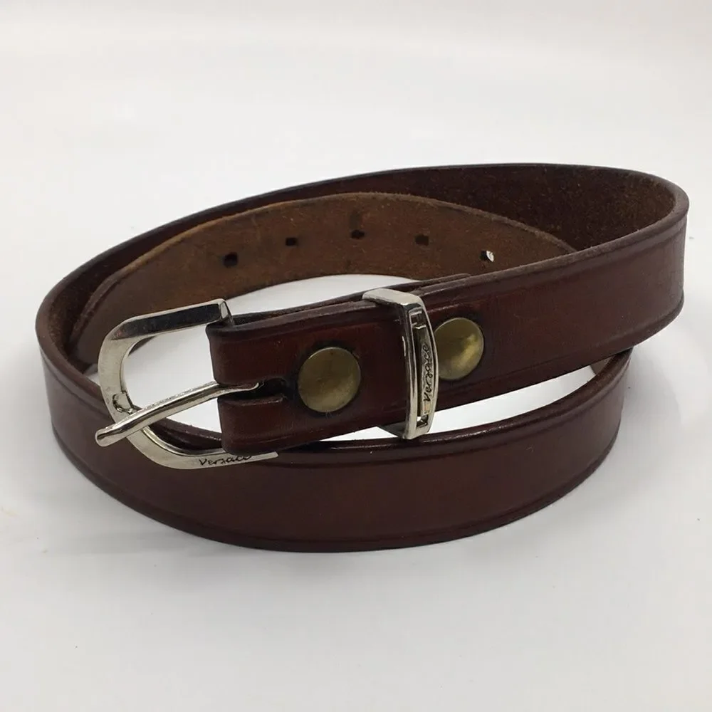 Vintage Cabelas cowhide leather belt brass grommets silver tone buckle Sz 32